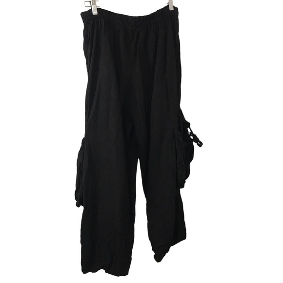 LA Bass 100% flax linen lagenlook black cargo baggy pants